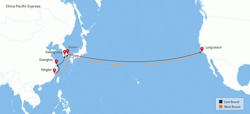森罗商船亚洲到美国航线图